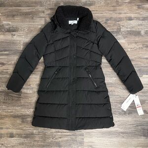 NWT Calvin Klein Women’s Black Puffer Coat Sherpa Collar Detachable Hood Sz XSP